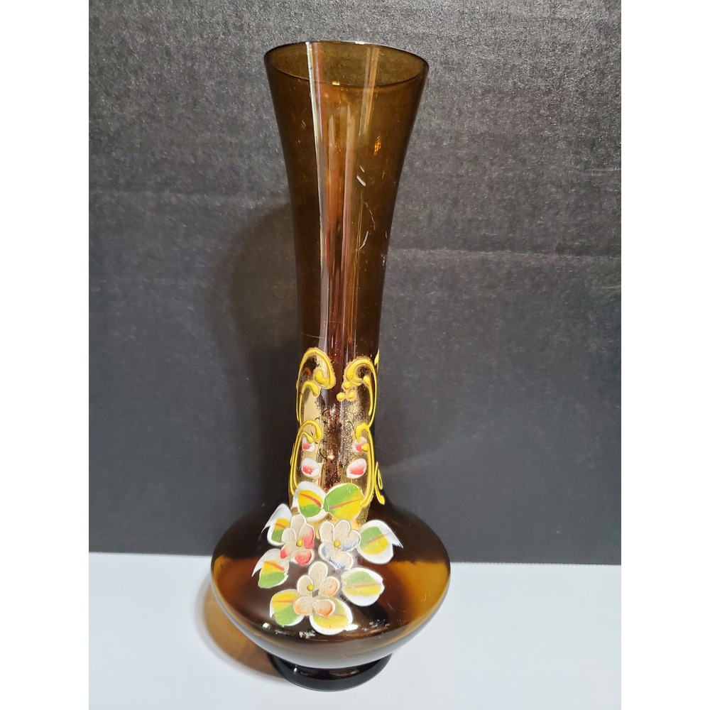 Bohemian Czech Glass Bud Vase Handpainted raised Floral, Home Decor, Art Glass‎